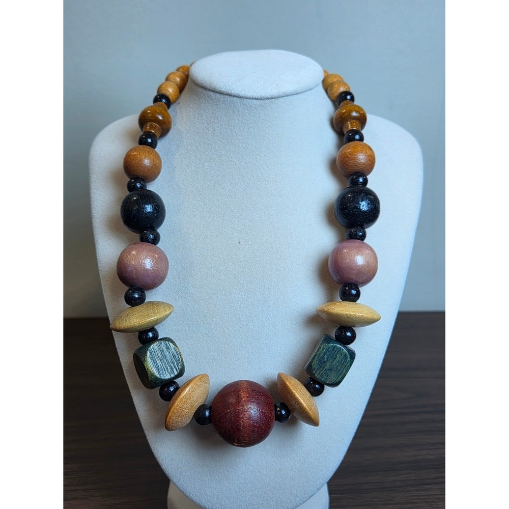 Chunky Wooden Bead Statement Necklace Earthy Multi Color Geometric Boho - Picture 4 of 5